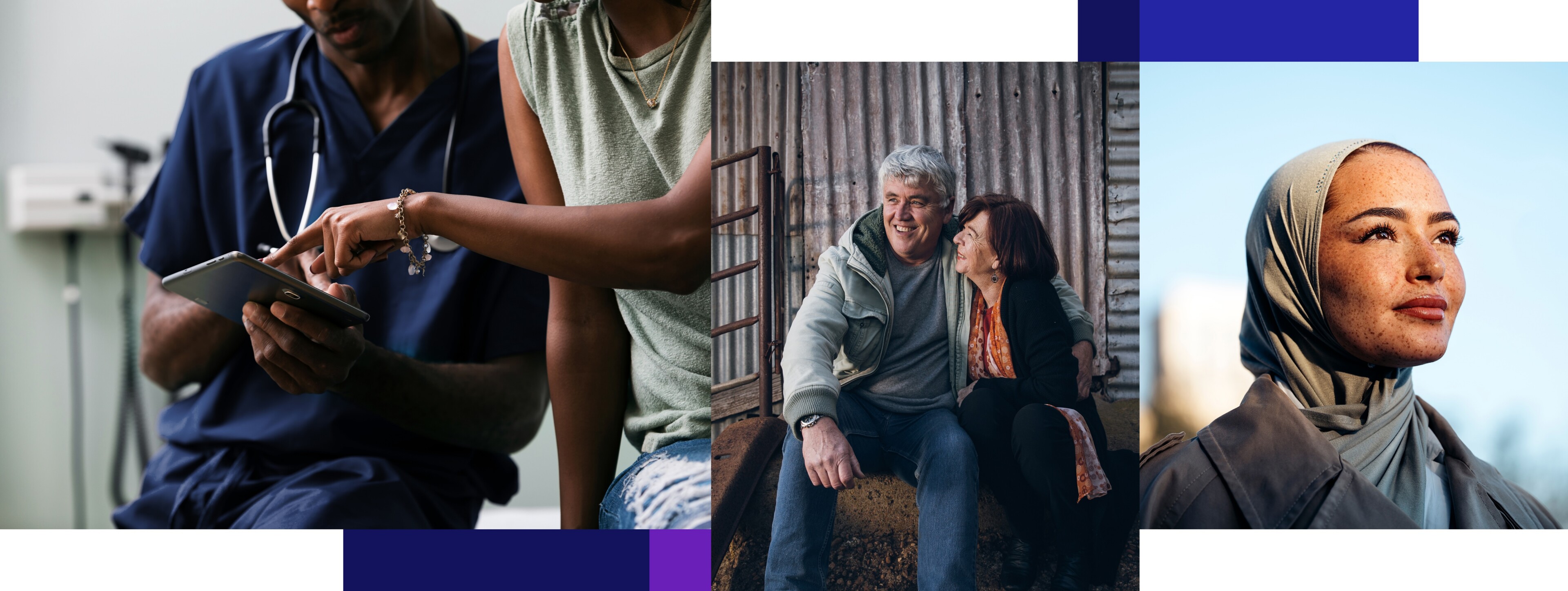 A three-panel image collage: on the left, a healthcare worker in navy scrubs holds a tablet while a patient points at the screen; in the center, an older couple sits together smiling against a corrugated metal backdrop; on the right, a close-up portrait of a young woman wearing a hijab gazing into the distance. Blue and purple geometric color blocks accent the layout.