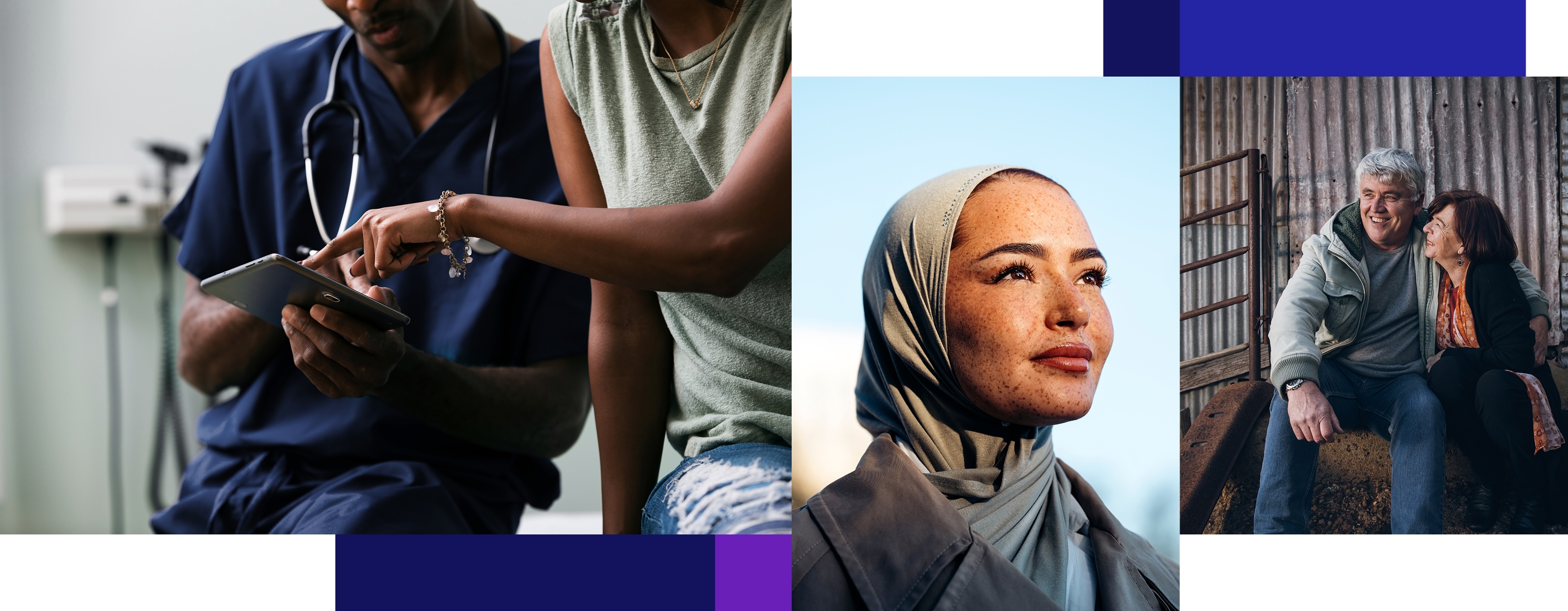 A three-panel image collage: on the left, a healthcare worker in navy scrubs holds a tablet while a patient points at the screen; in the center, an older couple sits together smiling against a corrugated metal backdrop; on the right, a close-up portrait of a young woman wearing a hijab gazing into the distance. Blue and purple geometric color blocks accent the layout.